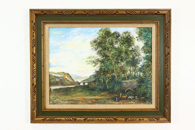 Landscape with Shepherdesses & Animals Vintage Original Oil Painting, 32" #40540 photo
