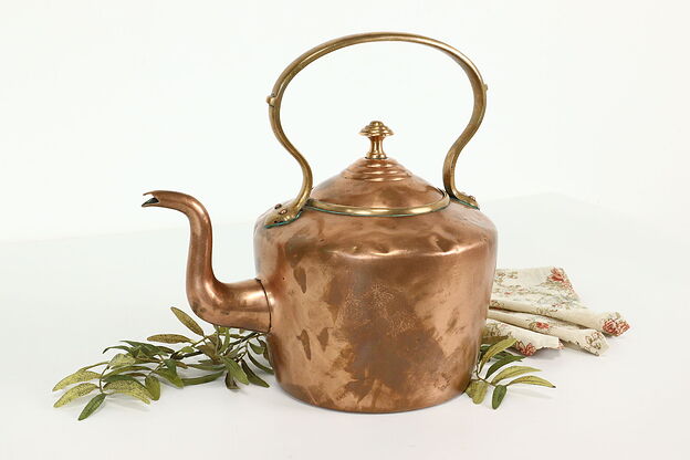 Farmhouse Antique 1860s Copper Teapot or Kettle, Brass Handles #40536 photo