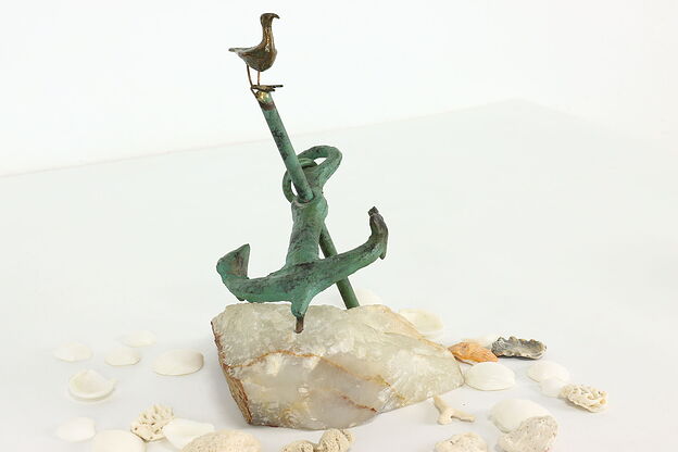 Verdigris Iron Anchor & Seagull on Quartz Base Vintage Sculpture #40602 photo