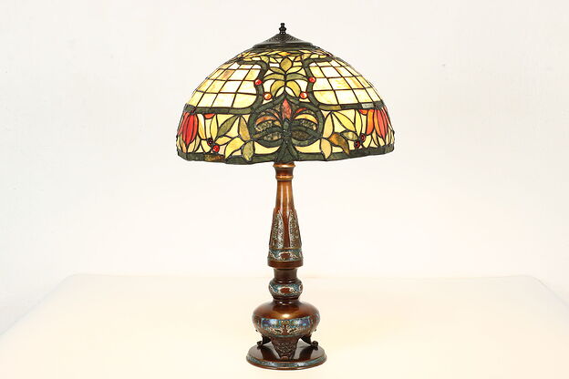 Bronze & Cloissonne Antique Office Desk Lamp, Stained Glass Shade #40401 photo