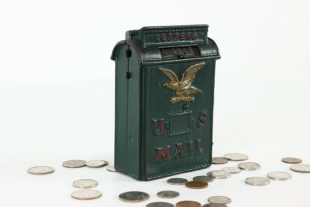 Cast Iron Antique US Mail Mailbox Coin Bank Pat 1887 #40531 photo