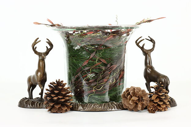 Farmhouse Vintage Bronze Deer Sculpture Centerpiece & Glass Vase #40606 photo