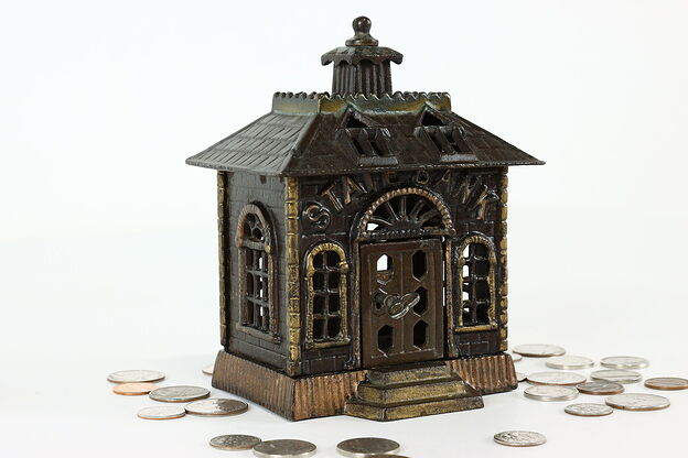 Victorian Cast Iron Antique State Bank Coin Bank, Lock & Key #40542 photo
