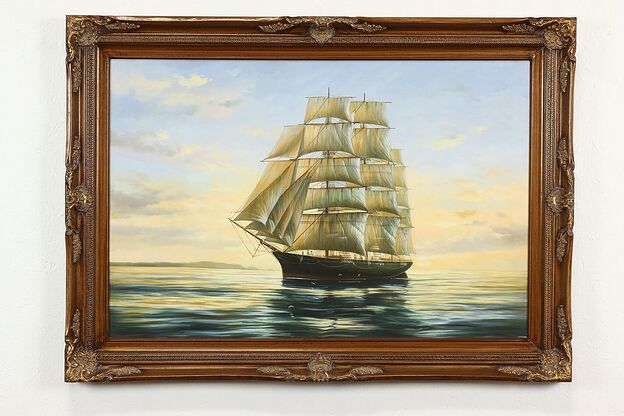 Clipper Ship at Sea Vintage Original Oil Painting, Gold Frame 43" #40304 photo