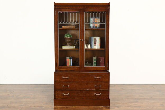 Arts & Crafts Mission Oak Antique Bookcase, Display Cabinet, Leaded Glass #40380 photo