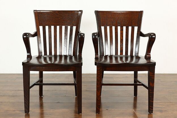 Pair of Arts & Crafts Antique Oak Craftsman Banker, Office or Desk Chairs #40599 photo