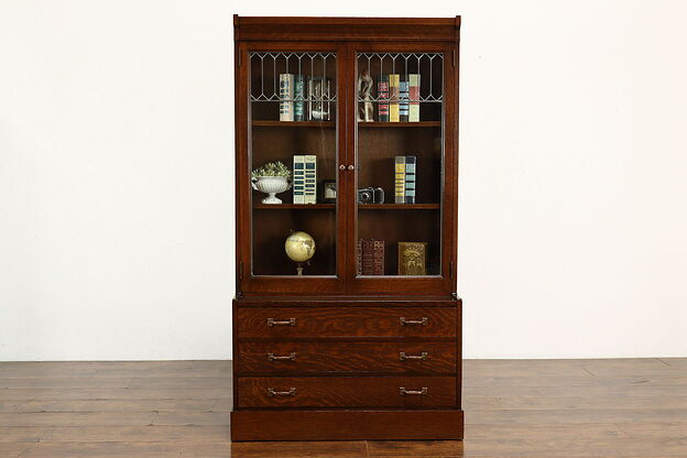 Arts & Crafts Mission Oak Antique Bookcase, Display Cabinet, Leaded Glass #40379 photo