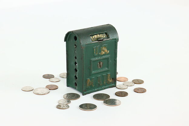 Cast Iron Antique US Mail Mailbox Coin Bank, Hinged Lid, Original Paint #40534 photo