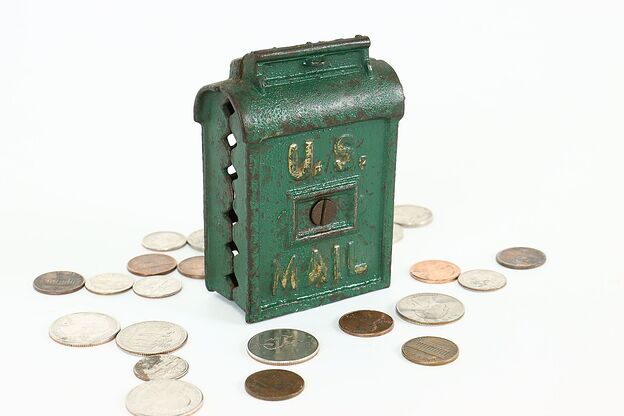 Cast Iron Antique US Mail Mailbox Coin Bank, Original Paint #40533 photo