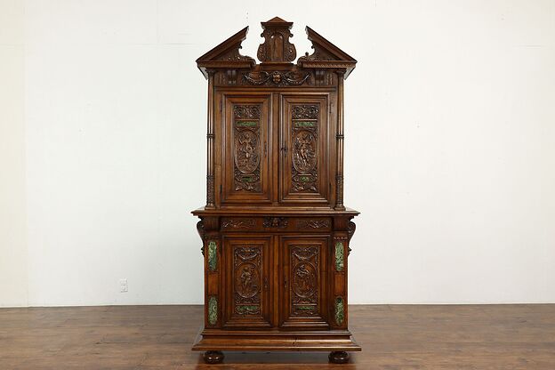 Italian Renaissance Antique Carved Walnut Cupboard, Cabinet, Marble Inlay #40176 photo