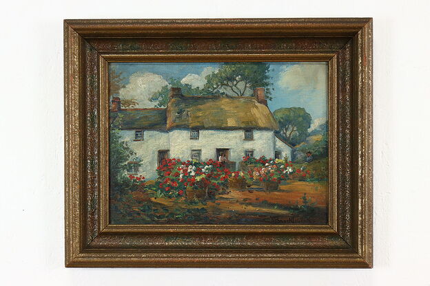 Thatched Cottage & Garden Antique Original Oil Painting Brocklebank 21.5" #39999 photo