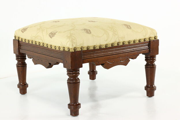 Victorian Eastlake Antique Carved Walnut Footstool, New Upholstery #40395 photo