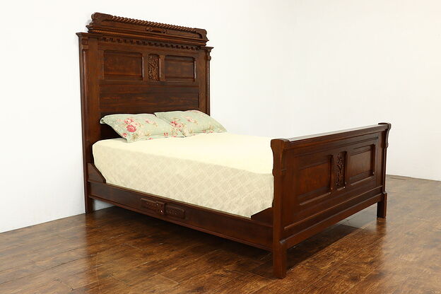 Victorian Eastlake Antique Carved Queen Size Bed, Carved Squirrels #40556 photo
