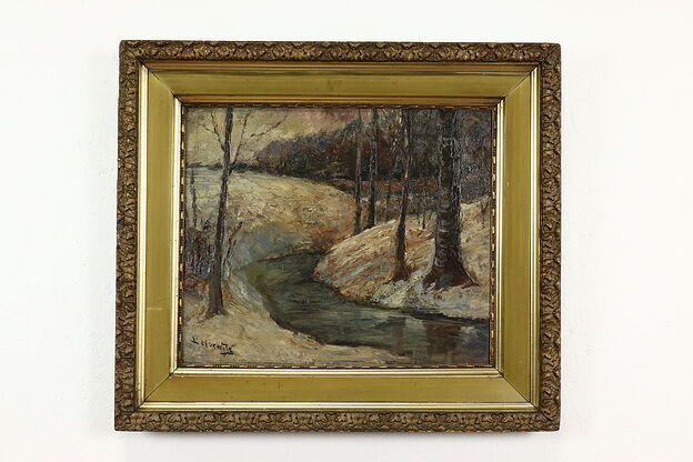 Winter Landscape Antique Original Oil Painting, Horwitz 33" #39928 photo
