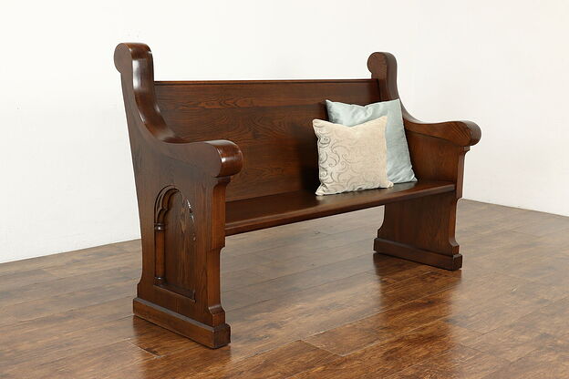 Gothic Carved Antique Oak & Ash Church Pew or Hall Bench #40697 photo