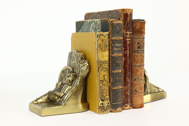 Pair of Vintage Farm Boy & Book Brass Finish Bookends #40733 photo