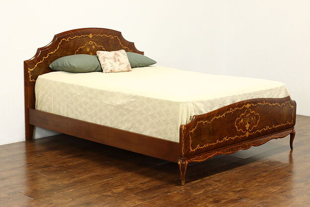 Italian Marquetry Vintage Walnut & Elm Burl Queen Size Bed #40680 photo