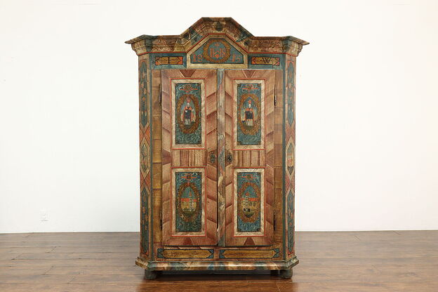 Bavarian German Antique 1815 Pine Hand Painted Armoire, Wardrobe, Closet #40499 photo