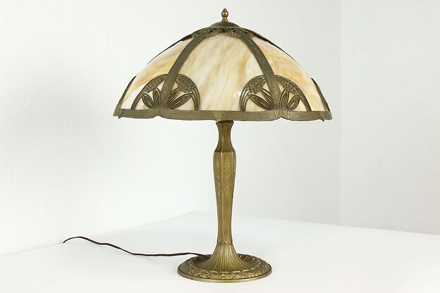 Art Deco 6 Panel Stained Glass Shade Antique Office or Library Lamp #40869 photo