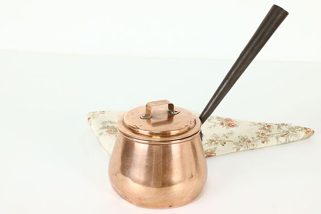 Farmhouse Antique Small Copper Sauce Pot with Lid, Iron Handle #40883 photo