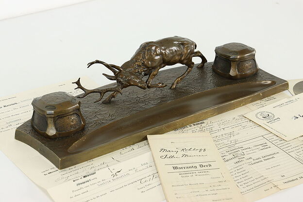 Farmhouse Bronze Antique Double Inkwell & Pen Holder, Stag Deer Sculpture #40817 photo