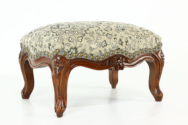 Country French Antique Carved Walnut Footstool, New Upholstery #40855 photo