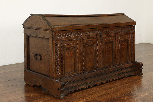 Renaissance Antique Carved Oak Dowry Trunk or Treasure Chest, Dated 1749 #40220 photo
