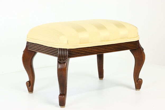Walnut Vintage Carved Footstool, New Upholstery #40857 photo