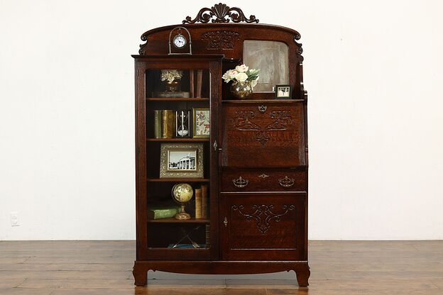 Victorian Antique Oak Side by Side Secretary Desk & Bookcase Curved Glass #39430 photo