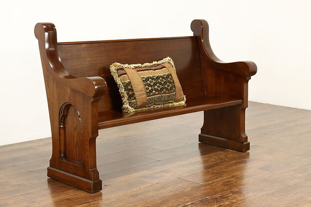 Gothic Carved Antique Ash & Elm Church Pew or 60" Hall Bench #37926 photo