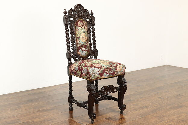Black Forest Oak Antique Hand Carved Desk, Side Chair, Floral Upholstery #37683 photo