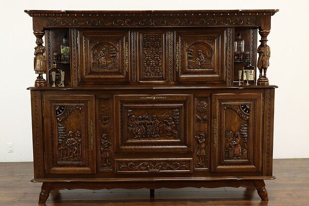 French Brittany Carved Oak Antique Sideboard, Server or Bar Cabinet #41106 photo