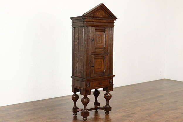 Dutch Carved Oak Antique 1700s Tobacco Cabinet or Kitchen Pantry Cupboard #40265 photo