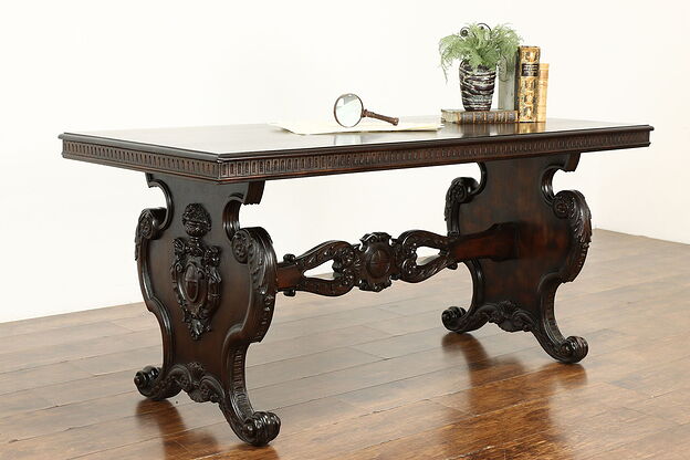 Renaissance Carved Antique Mahogany Sofa, Hall, Library Table Office Desk #40505 photo