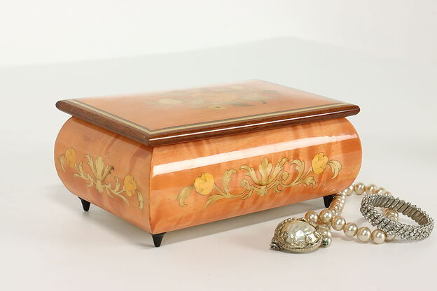 Marquetry Vintage Swiss Jewelry or Trinket Music Box, Funiculi Funicula #40745 photo