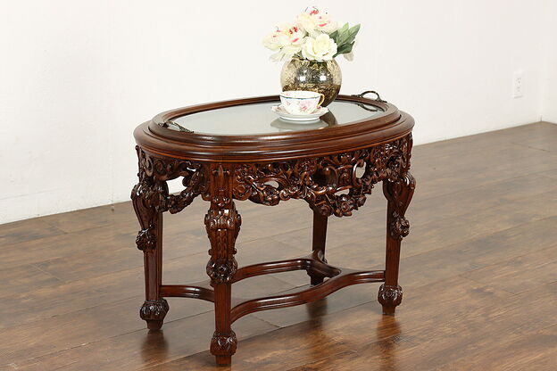 Marquetry Inlay Mahogany Antique Carved Coffee Table Serving Tray, Milano #40641 photo