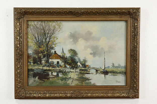 Dutch Canal Windmill & Boat Vintage Original Oil Painting Verheijen 37.5" #41061 photo