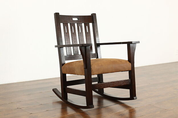 Arts & Crafts Mission Oak Antique Rocker Craftsman Rocking Chair, Leather #41076 photo
