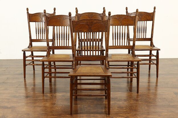 Farmhouse Set of 6 Victorian Antique Oak Pressback Carved Dining Chairs #40584 photo