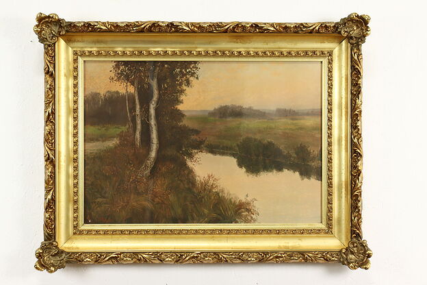 Birches & Stream at Sunset Antique Watercolor Painting Weneke 40.5" #41195 photo