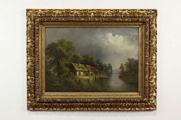 Cottages on a Pond & Birds Antique Original Oil Painting Dortscki 48.5" #41177 photo