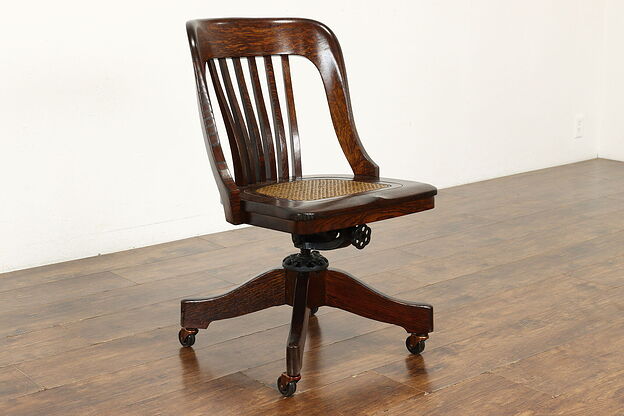 Oak Antique Swivel Adjustable Office Desk Chair, Caned Seat, Milwaukee #35718 photo