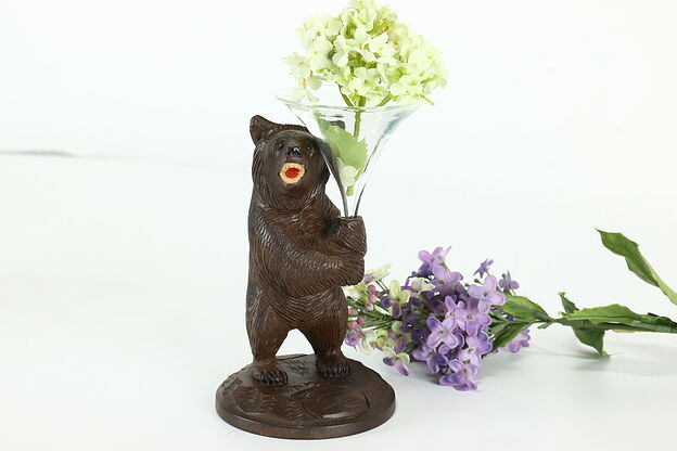 Black Forest Antique Carved Bear Sculpture with Glass Bud Vase #37840 photo