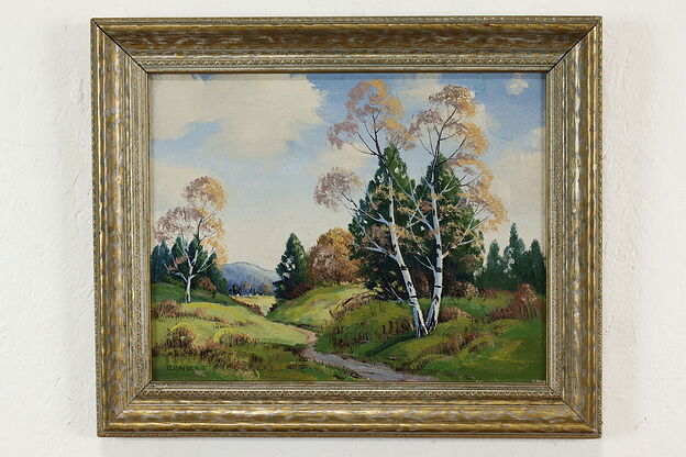Forest, Birches & Stream Vintage Original Oil Painting Fredericks 18" #41147 photo