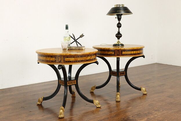 Pair of Regency Style Vintage Satinwood Drum Lamp Tables, Ferguson #40628 photo