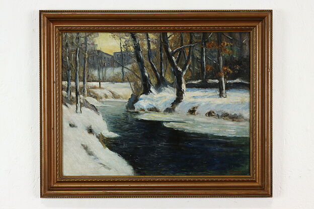 Winter Stream Landscape Vintage Original Oil Painting, Cordy 21" #41152 photo