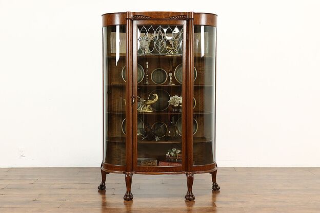 Victorian Oak Curved & Leaded Glass China or Curio Cabinet, Paw Feet #41157 photo