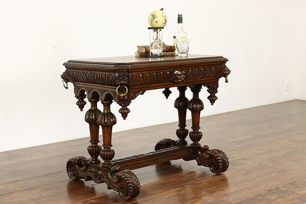 Renaissance Design Antique Italian Oak Library Table or Desk Carved Lions #40221 photo