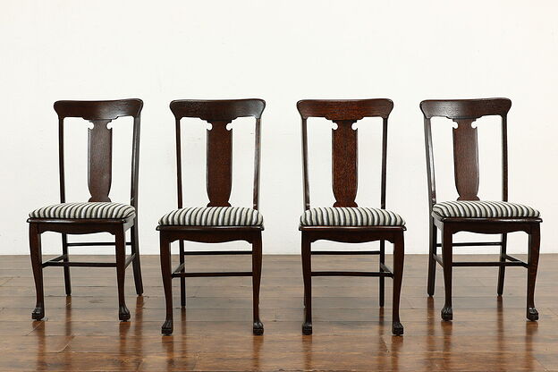 Victorian Set of 4 Oak Antique Dining Chairs, Paw Feet, New Upholstery #37976 photo