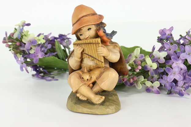 Hand Carved Vintage Young Boy Playing Pan Flute Alpine Sculpture Anri #41314 photo